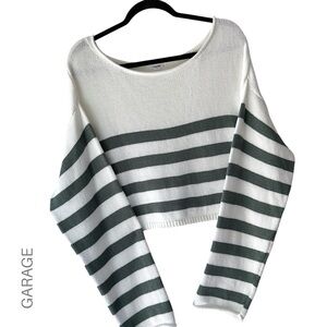 GARAGE | NWOT CROP BOATNECK COTTON SWEATER GREEN & WHITE STRIPE | MED-LRG